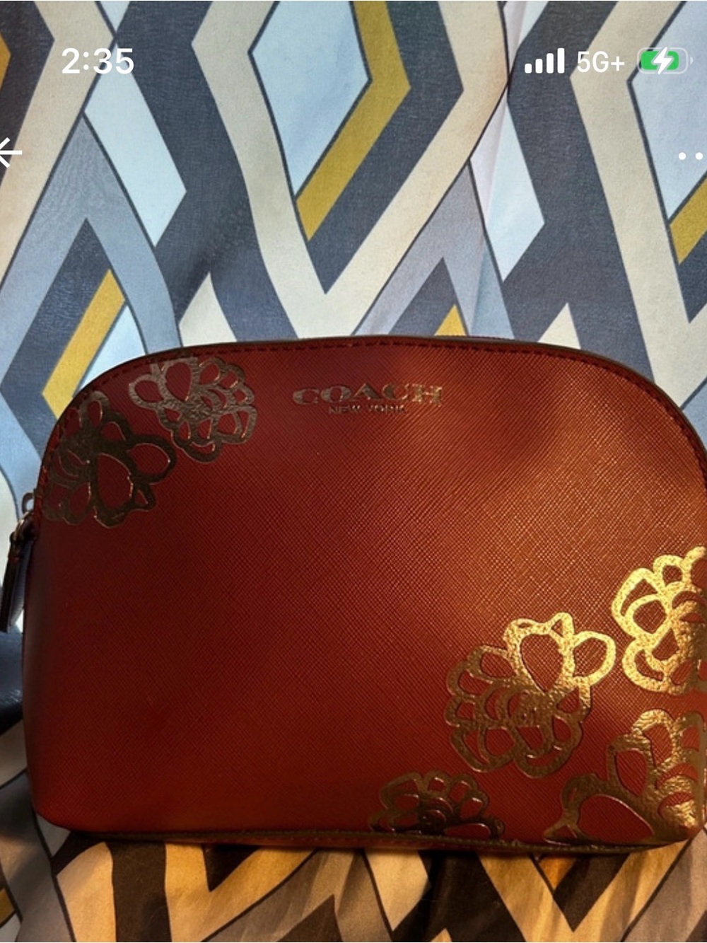 Coach Red Cosmetic Case with Gold Floral Accents